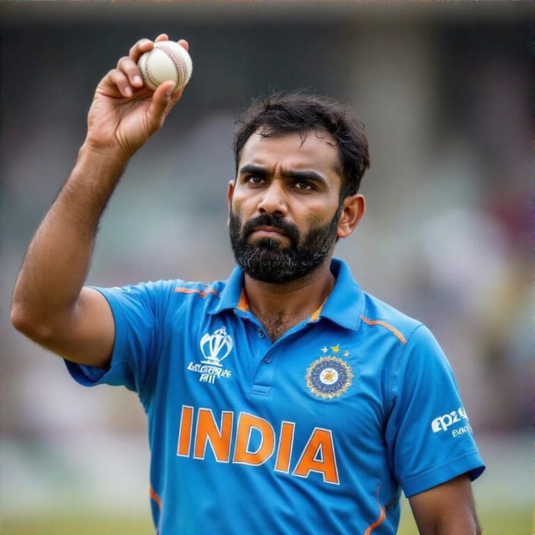 Mohammed Shami bowls during a cricket match, focused and determined, representing India's bowling prowess.